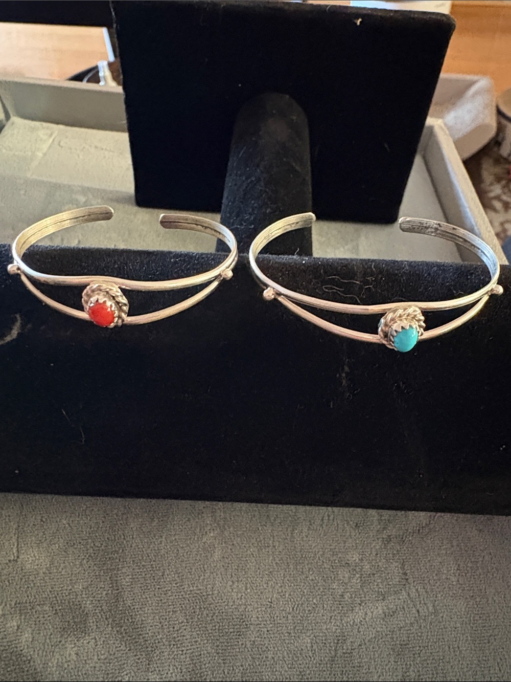 Sterling Silver baby Cuff Bracelet with Turquoise and Coral Stones